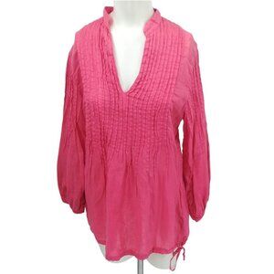 120% Lino 100% Linen Popover Pleated Pin Tuck Blouse Size IT 42 US 8 Pink Tunic